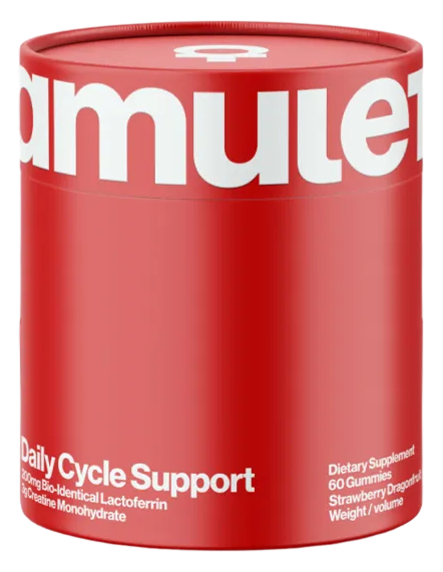 Red container labeled 'amulette' with 'Daily Cycle Support' text on a white background